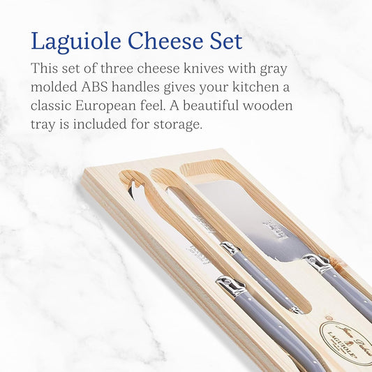 Jean Dubost Laguiole 3-Piece Cheese Knife Set, Paris-Colored Handles - Rust-Resistant Stainless Steel - Includes Wooden Tray - Made in France