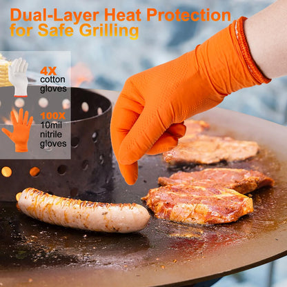 ANBOSON BBQ Gloves Disposable-Heat Resistant Cooking & Grilling Gloves Set (100 Black Nitrile, 4 Cotton Liners)-10Mil Heavy Duty Meat Handling Smoker Accessories for Hot Food Prep,Non-Slip Grip,Large