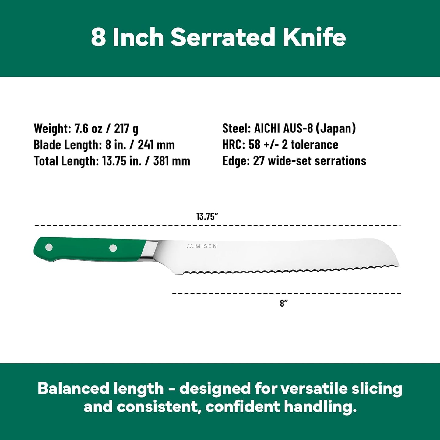 Misen Serrated Bread Knife - High-Carbon Japanese AUS8 Steel - Perfect for Soft Foods, Bread, Pastries, and Fruits - Verstatile Slicer, Razor-Sharp Edge, Durable Blade, Ergonomic Handle - 5", Blue