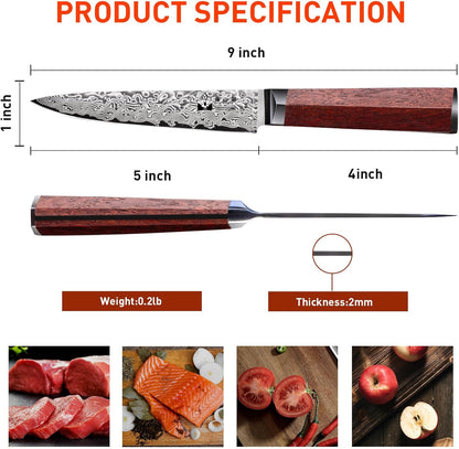 Steak Knives Set of 4 with In-Drawer Knife Block, 5 inch Damascus Steak Knife Set VG-10 Damascus Super Steel 67-Layer Non Serrated Steak Knives with Natural Wood Handle, Gift Box