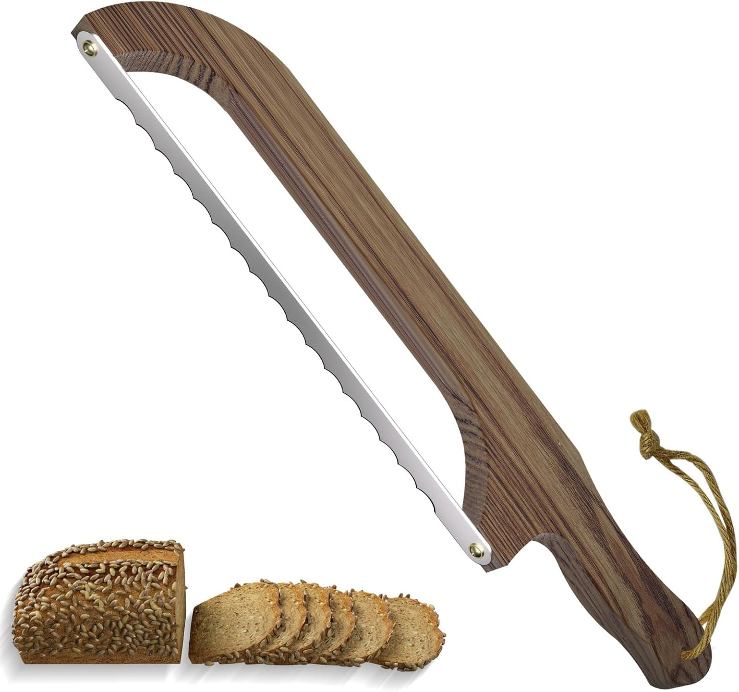 Bread Knife - for Homemade Bread, 14.5" Wooden Sourdough Bread Slicer with Bow Design, Premium Stainless Steel Serrated Saw Bread Cutter for Bagels, Baguettes (stainless steels)