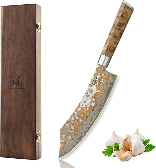 zayiko MysticMagma Nakiri Damascus Knife, 17 cm Blade made of 67 Layers of Damascus Steel with copper and bronze Inlay, DualCurve Handle made of maple root Wood, wooden Box