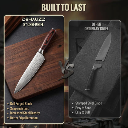 DiiHAUZZ Steak Knives Set of 6, Serrated Steak Knife Set 4.5 Inch, Ultra Sharp Forged High Carbon Stainless Steel Dinner Knife with Ergonomic Pakkawood Handle, Damascus Pattern and Gift Box