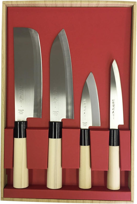 ヤクセル(Yaxell) Yaksel 30046 Seki Tsubazura Knife, Set of 4, Santoku Knife, Nakiri Knife, Small Blade Knife, Petty Knife, For Beginners, Japanese Knife, Fish Handling, Stainless Steel