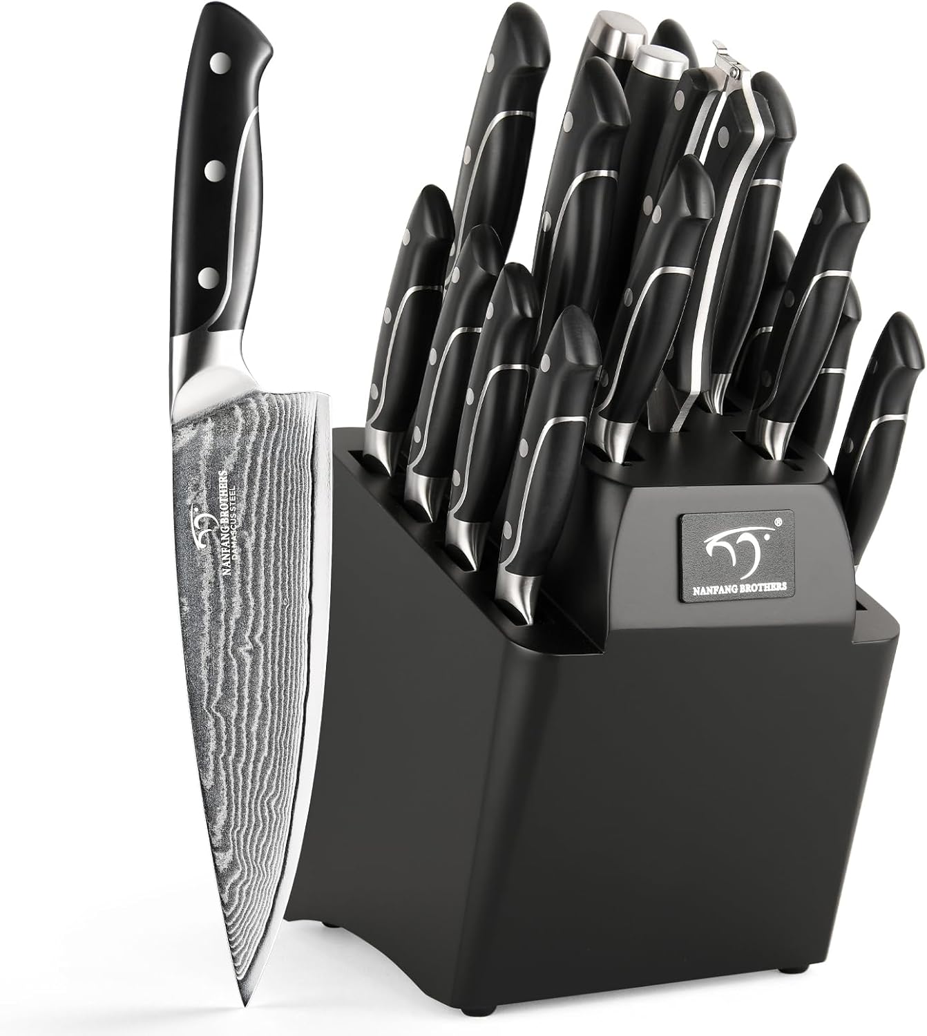 18 Pieces Damascus Kitchen Knife Set, 8 Piece Steak Knives, Non-slip ABS Ergonomic Triple Rivet Handle for Meat Fork, Knife Sharpener and Shears, 17 Slots Fraxinus Manchuria Knife Block (Grey)