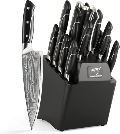 18 Pieces Damascus Kitchen Knife Set, 8 Piece Steak Knives, Non-slip ABS Ergonomic Triple Rivet Handle for Meat Fork, Knife Sharpener and Shears, 17 Slots Fraxinus Manchuria Knife Block (Grey)