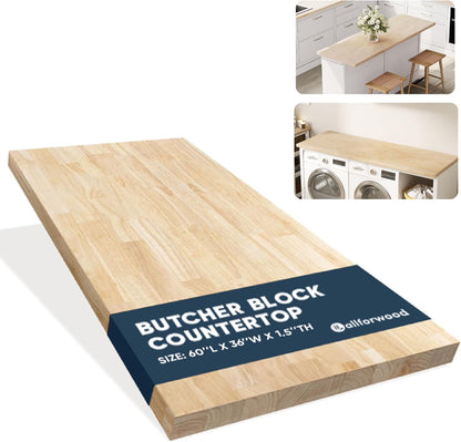 36''L x 25''W x 1.5''Th Hevea Solid Wood Butcher Block Countertop, Butcher Block Table Top for DIY Washer Dryer/Island/Kitchen Countertop (Unfinished)