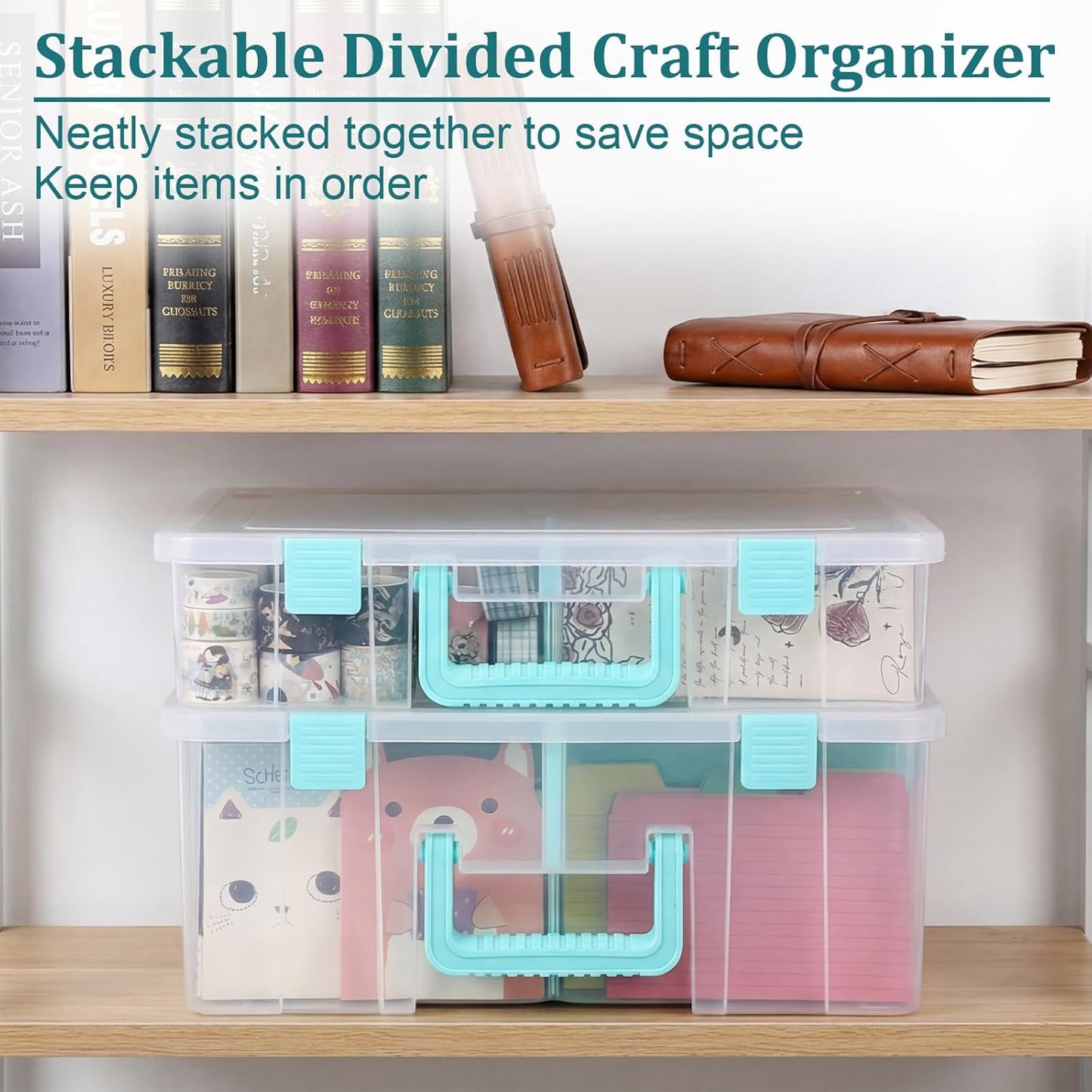 BTSKY Clear Plastic Dividing Storage Box with 4 Compartments Adjustable Storage Bin with Lid Plastic Craft Storage Container Multipurpose Sewing Box Art Supply Organizer, 13.3x8.1x3.4 Inches