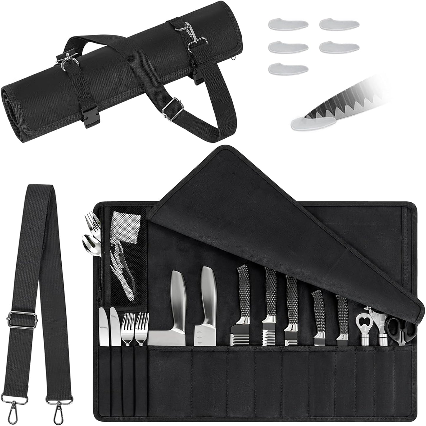 Chef Knife Roll Bag,Knife Roll Bag,Knife Bags for Chefs Professional,Knives Bag,Portable Chef Knife Cases with 14 Slots and Adjustable Shoulder Strap (Bag Only),Black