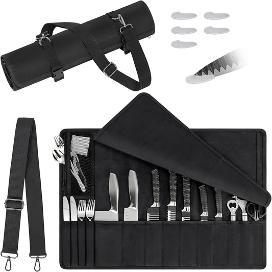 Chef Knife Roll Bag, Knives Roll Bags for Chefs Professional, Waxed Canvas Knife Bag, Chef Bag with 14 Knife Slots and a Zippered Pocket(Bag Only)