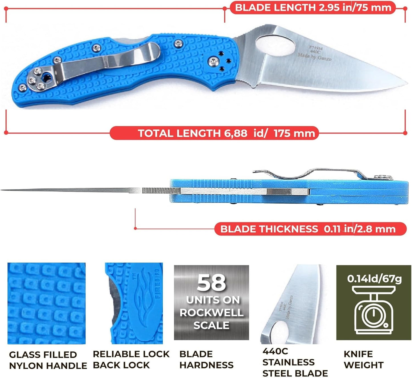 Firebird GANZO F759MS-BL Folding Pocket Knife 440C Stainless Steel Serrated Blade Anti-Slip Handle with Clip Fishing Camping EDC Utility Pocket Knife (Blue)