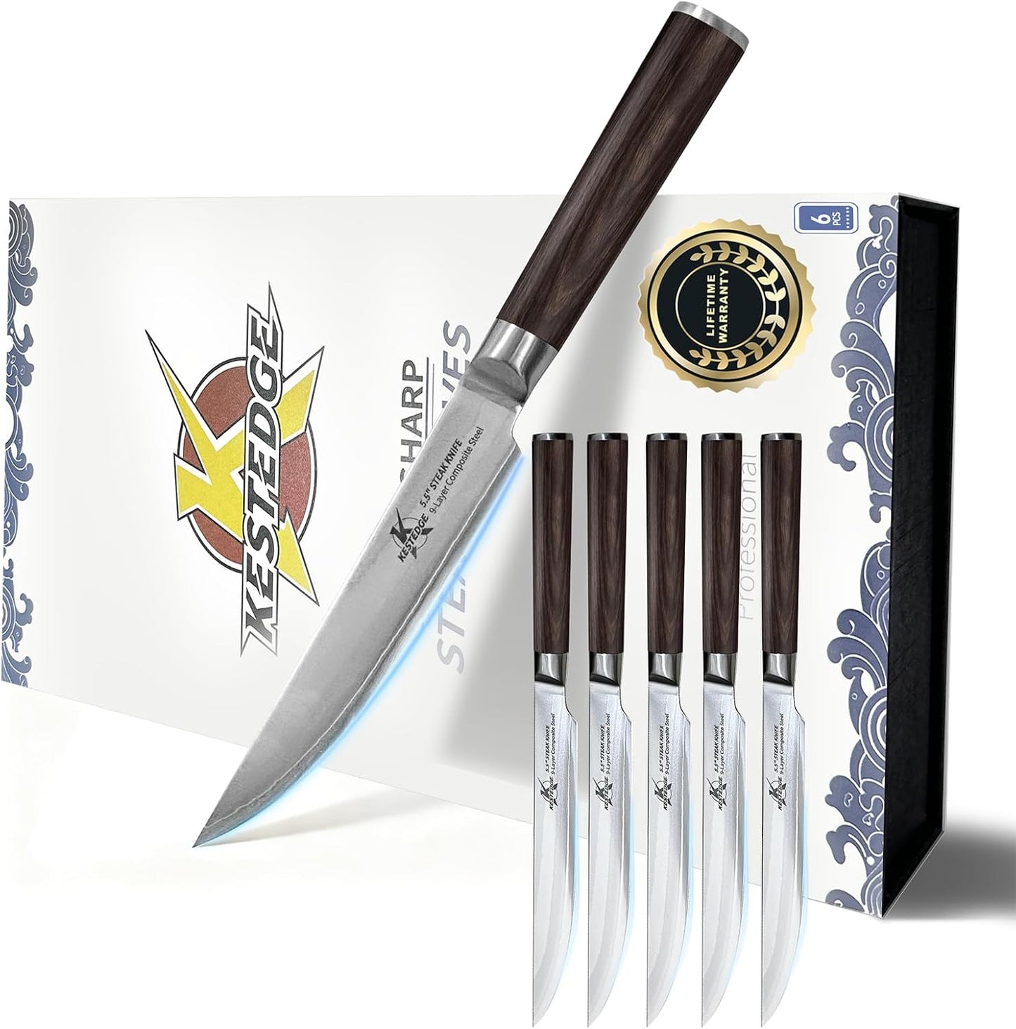 6-Piece Non Serrated Steak Knives Set, 67-Layer Damascus Steel 9Cr18MoV, Straight Edge Full Tang Wood Handle, Rust Proof Steak Knife Set of 6 with Luxury Gift Box for Wedding Anniversary