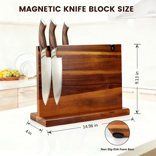 Magnetic Knife Block Natural Acacia Wood Knife Holder Space-Saving Magnetic Strip for Kitchen Knives Self-Sharpening Slot for Maintaining Blade Sharpness Strong Magnet Securely Holds Knives