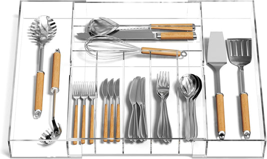 NIUBEE Expandable Kitchen Drawer Organizer for Flatware and Utensils,Black Acrylic Adjustable Silverware Tray for Drawer,Office,Bathroom Supplies-9 Compartments