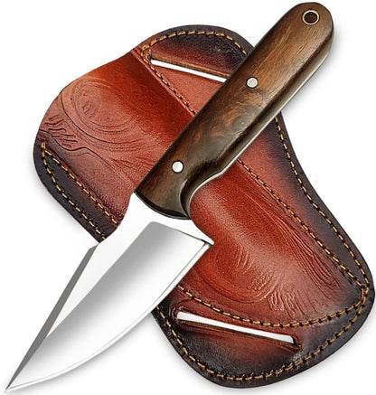 Warivo Damascus Steel Hunting Knife 10 Inch Fixed Blade with Leather Sheath Wood Handle, Skinning Knife for Camping Survival Bushcraft Outdoor Gear for Men