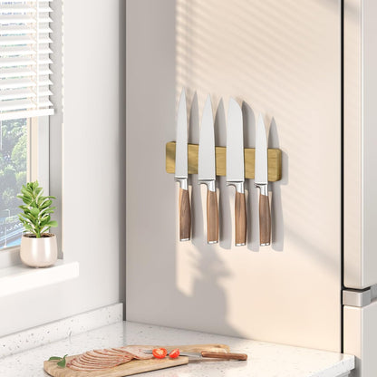 Magnetic Knife Holder for Wall, 16" Acacia Wood No Drill Knife Magnet Strip Use as Tool Key Storage Knife Bar, Powerful Wall Mounted Magnetic Knife Rack for Refrigerator & Kitchen Utensil Organizer