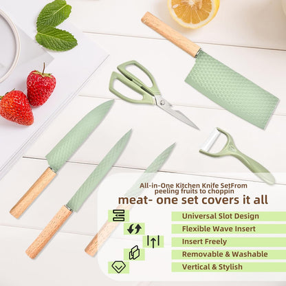 Kitchen Knife Set with Block, 7-Piece Kitchen Knife Set for Chef with Universal Knife Block, Anti-Rust Kitchen Knife Block Set, Ergonomic Design