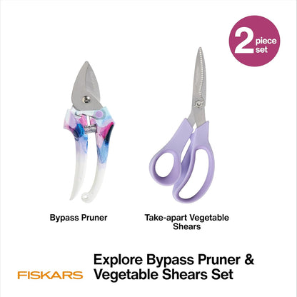 Fiskars 2-Piece Pruning & Veggie Shears Set, Explore Collection Garden Tool Kit, Bypass Pruner for Light Trimming, Vegetable Shears with Serrated Stainless Steel Blades for Harvesting Flowers & Herbs