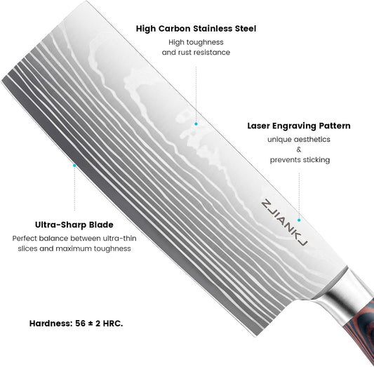 Nakiri Knife, 6.5 inch Super Sharp Japanese High Carbon Stainless Steel Chef Knife, Professional Meat Vegetable Kitchen Knife with Ergonomic Handle for Chopping and Slicing