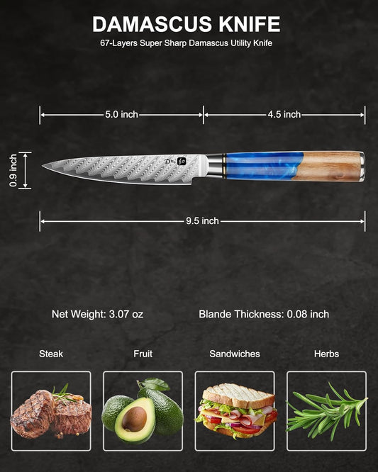 Kitchen Utility Knife 5 Inch, Japanese VG10 Steel Damascus Paring knife, Small Kitchen chef Knife with Gift Box and Resin Wood Handle, Ideal Birthday Gift for Men and Women