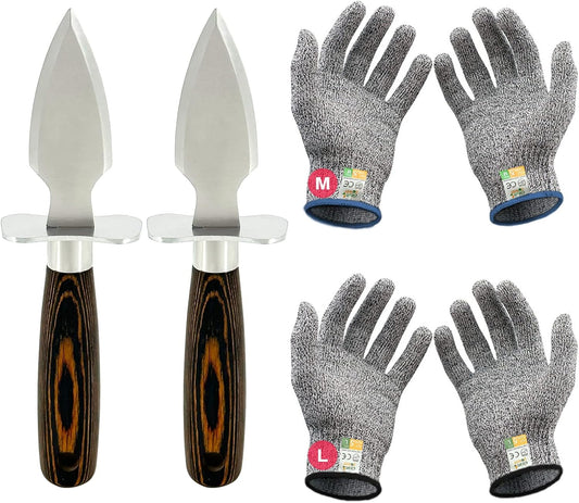 MYBMHTNB Oyster Shucking Knife Set of 2 Stainless Steel Oyster Knifes and 2 Pairs Level 5 Cut-Resistant Gloves，Oyster Knives Suitable for All Kinds of Shells and Oysters Shucking（Strengthen Version）