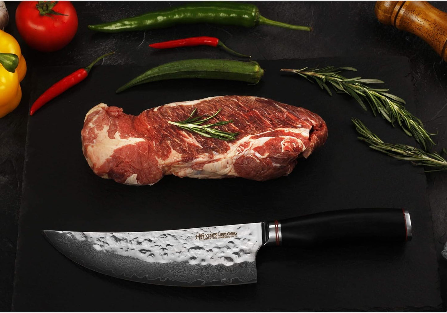 YOUSUNLONG Butcher Cleaver Knife 8 Inch - Meat Cleavers Japanese Hammered Damascus Stainless Steel Natural Leadwood Handle with Leather Sheath