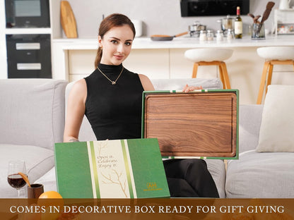 AZRHOM Large End Grain Walnut Wood Cutting Board 17x13x1.5 in Thick Butcher Block for Kitchen with Non-slip Mats Juice Groove & Handles (Gift Box)
