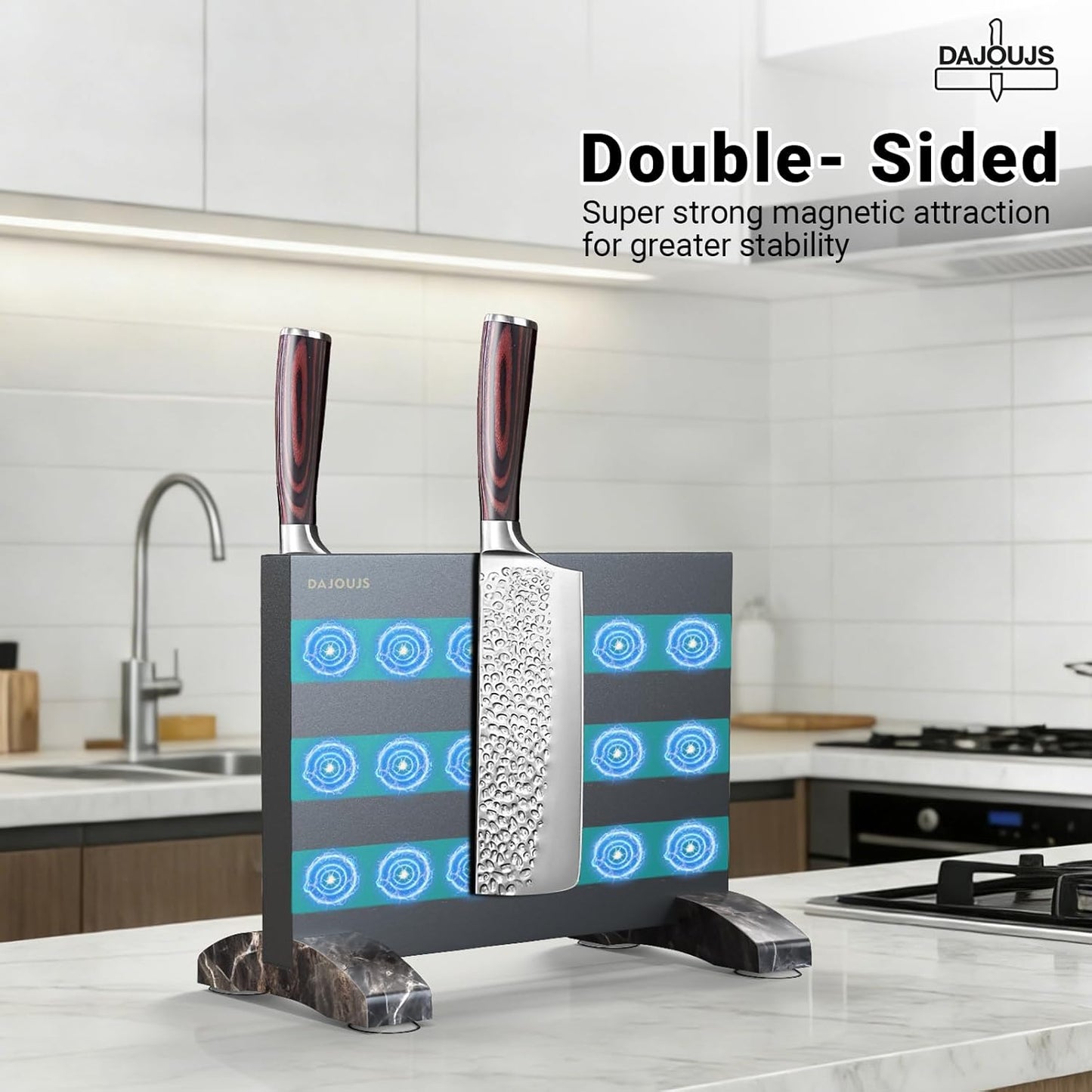 Magnetic Knife Holder, Stainless Steel Magnetic Knife Block without Knives, Strong Double Sided Magnet Knife Storage Strip with Wood Base for Kitchen Counter-Silver