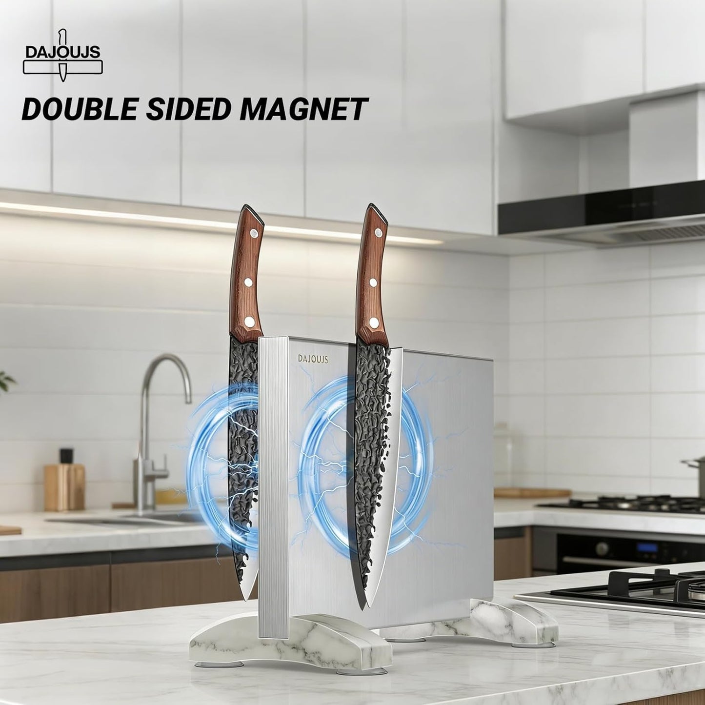 Magnetic Knife Holder, Stainless Steel Magnetic Knife Block without Knives, Strong Double Sided Magnet Knife Storage Strip with Wood Base for Kitchen Counter-Silver