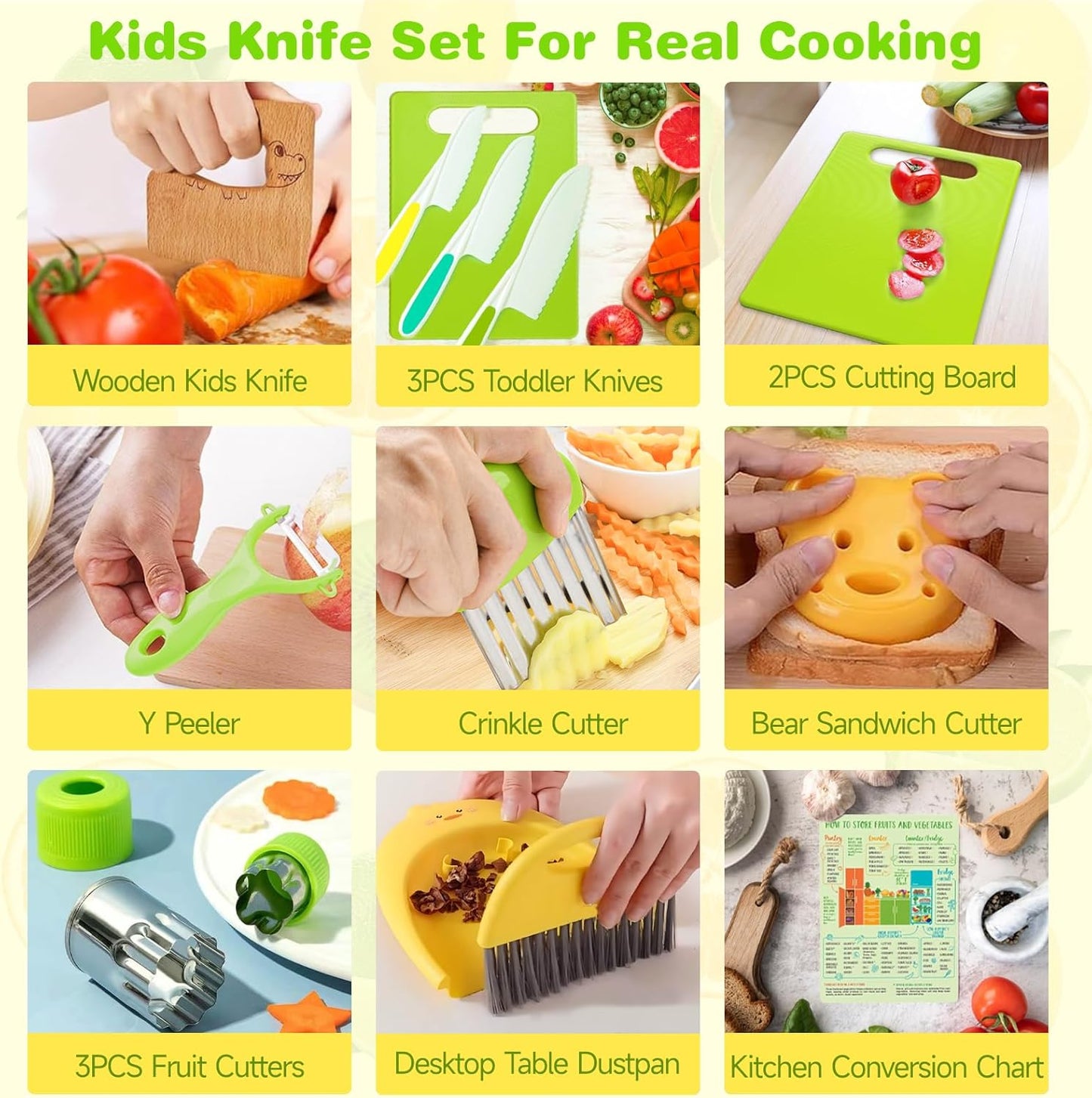 Suhctuptx Toddler Knife Set, Kids Knife Set for Real Cooking, Kid Safe Knives with Cutting Board Crinkle Cutters Montessori Kitchen Toys, Toddler Girl Gifts Age 3 4 5 6 7 8 Year Old