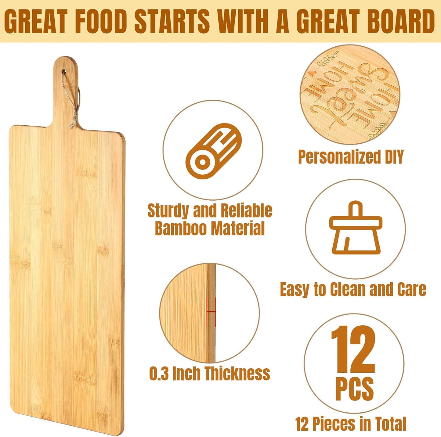 Patelai 12 Packs Wooden Cutting Board Set with Handles Large Kitchen Serving Plain Chopping Board Bulk Gifts for Mom for Vegetables Meat Pizza Cheese Fruit Bread(Acacia Wood,15 x 7 Inch)