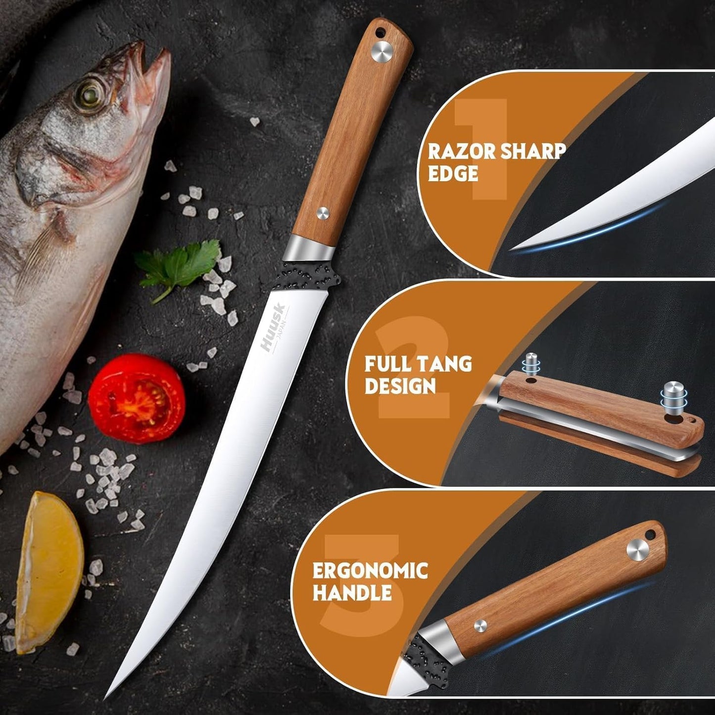 Huusk 9 inch Fillet Knife - Sharp Japanese Fillet Knife for Fish - Professional Flexible Boning Knives for Meat Cutting Trimming - Gift for Men and Women