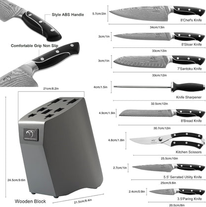 18 Pieces Damascus Kitchen Knife Set, 8 Piece Steak Knives, Non-slip ABS Ergonomic Triple Rivet Handle for Meat Fork, Knife Sharpener and Shears, 17 Slots Fraxinus Manchuria Knife Block (Grey)