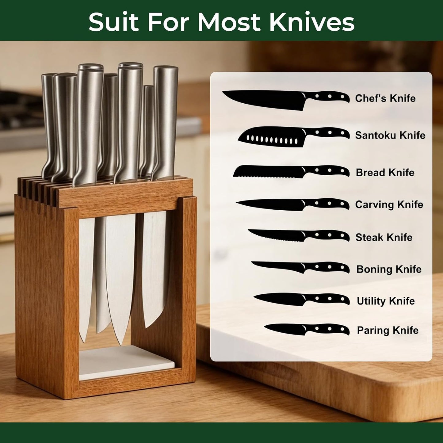 Universal Wood Knife Block Natural Acacia Wood Knife Holder for Kitchen Counter Large Capacity Slotted Storage for Chef, Steak Bread Knives Space-Saving Modern Design Non-Slip Base Black