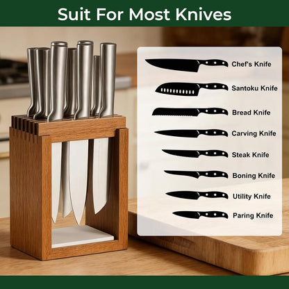 Universal Wood Knife Block Natural Acacia Wood Knife Holder for Kitchen Counter Large Capacity Slotted Storage for Chef, Steak Bread Knives Space-Saving Modern Design Non-Slip Base Black