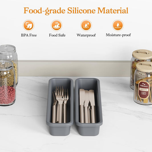 6 Pack Silicone Drawer Organizer for Kitchen, DIY Free Combination Silverware Organizer, Utensil Drawer Organizer, Moisture-proof and Heat-resistant up to 200°C, Anti-slip Design (Grey)