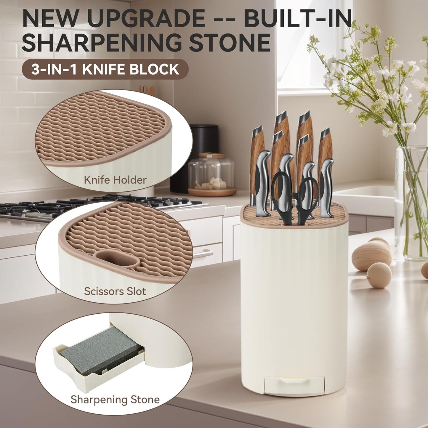Knife Block Without Knives with Sharpening Stone Large Volume with Scissors Slot Knife Holder Qoosea Easy Cleaning Detachable Knife Storage Space Saver for Kitchen White