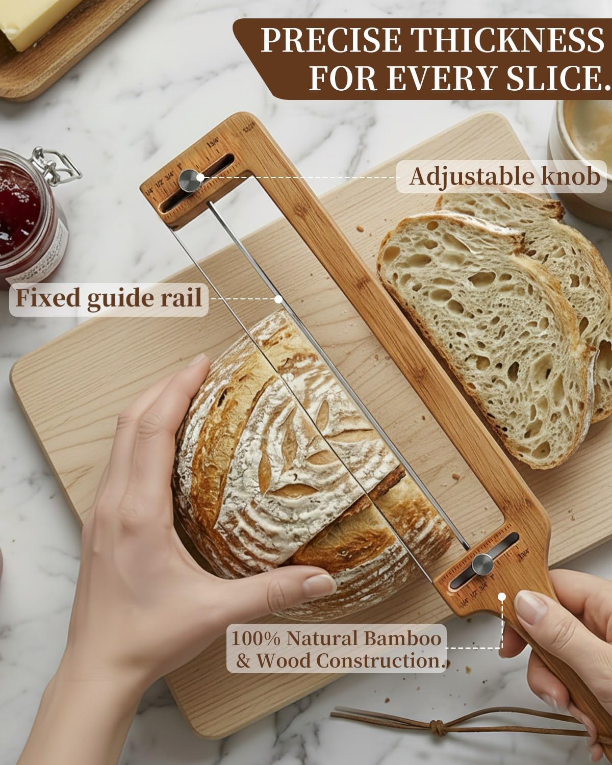 Adjustable Bread Knife & Slicer for Homemade Bread and Sourdough Loaves, Serrated Stainless Blade, 1/4- to 2-Inch Thickness Guide, Includes Bread Lame Scoring Tool