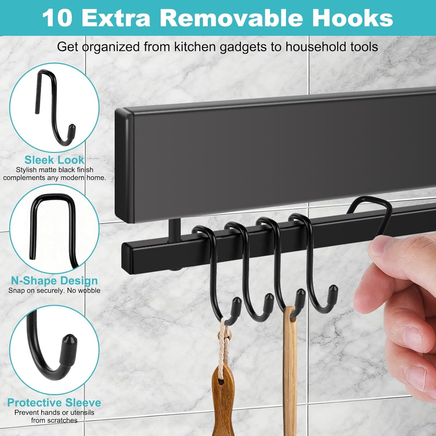 16 Inch Magnetic Knife Holder for Wall with 10 Hooks, No Drilling Magnetic Knife Strip Adhesive Magnet Bar, Wall Mount Knives Block Utensil Holder Stainless Steel Tool Rack for RV Kitchen Organization