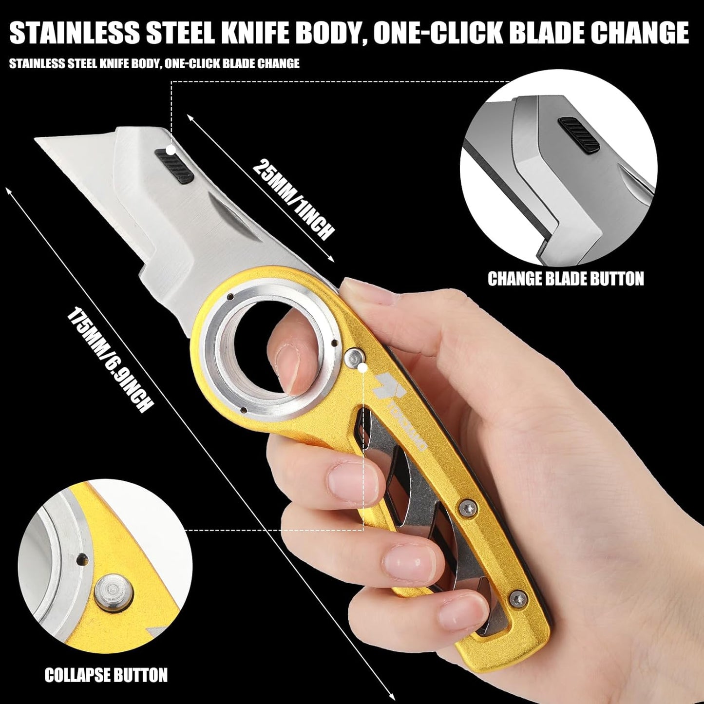 Tondiamo 4 Pcs Folding Pocket Utility Knife Heavy Duty Box Cutter Folding Razor Knife with Anti Slip Finger Loop Easy Change Blades 3 Lock Positions Design (Yellow,Red,Black,Green)