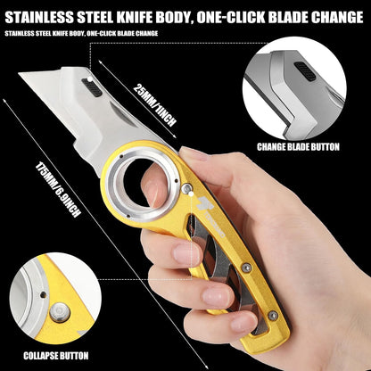 Tondiamo 4 Pcs Folding Pocket Utility Knife Heavy Duty Box Cutter Folding Razor Knife with Anti Slip Finger Loop Easy Change Blades 3 Lock Positions Design (Yellow,Red,Black,Green)