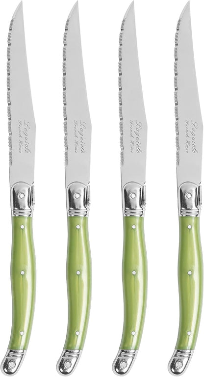 French Home Laguiole 4-Piece Steak Knife Set – Sophisticated Stainless Steel Dinner Knives with Navy Blue Handles & Iconic Bee Emblem – Serrated Knives for Smooth Cutting (9.25")