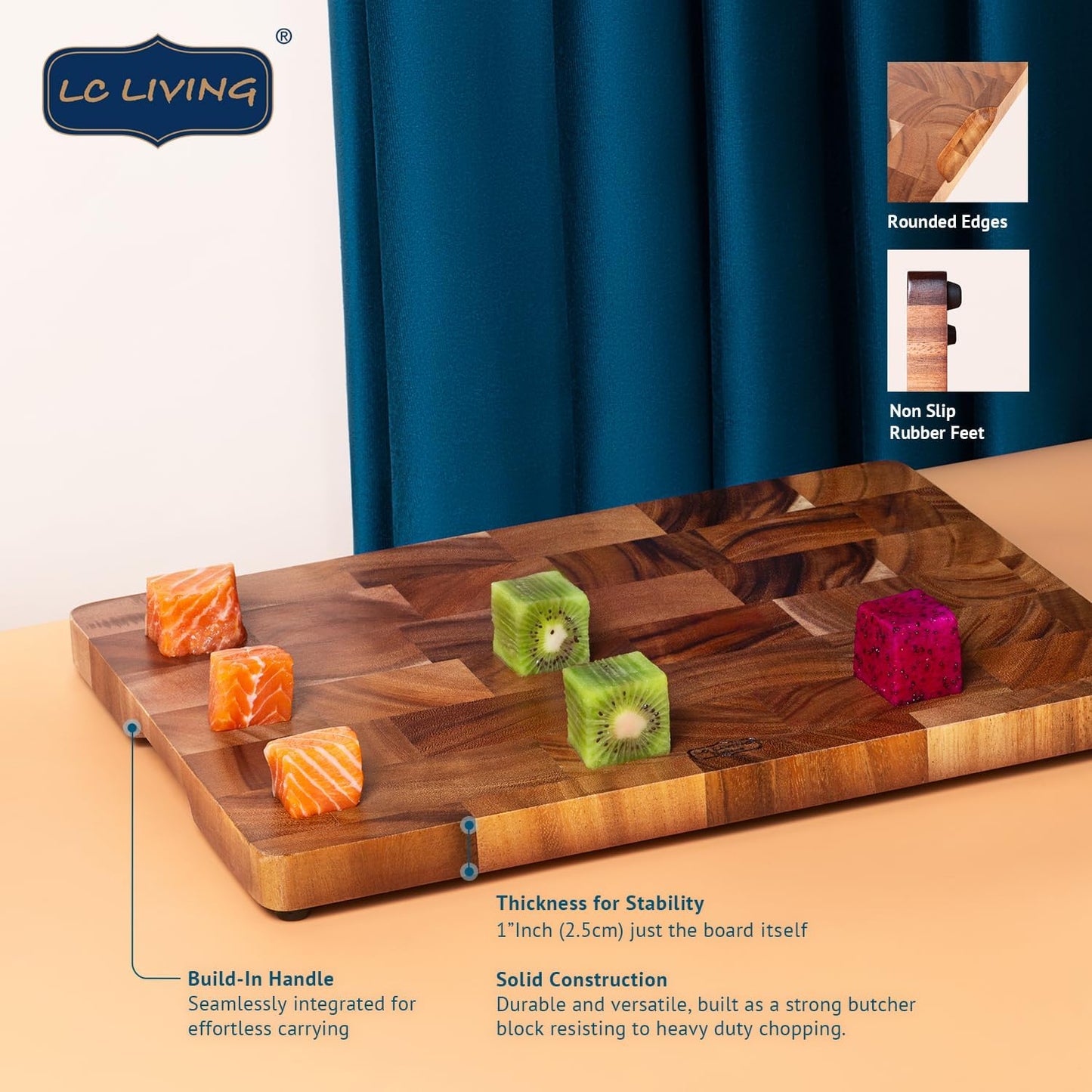 Thai Acacia Wood Grande Rectengular Cutting Board w/Footer, best for chopping serving butcher board, prep station, kitchen deco, cheese, meat, bread, 15.7"x11.2" / 17.7”x 1.8” (Large)