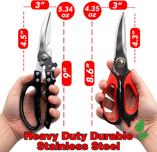 2-Pack Heavy Duty Kitchen Shears - Ultra Sharp All Purpose Food Scissors for Cutting Chicken Bones, Meat & Vegetables, Multi-Function Stainless Steel Cooking Shears (Black & Red)