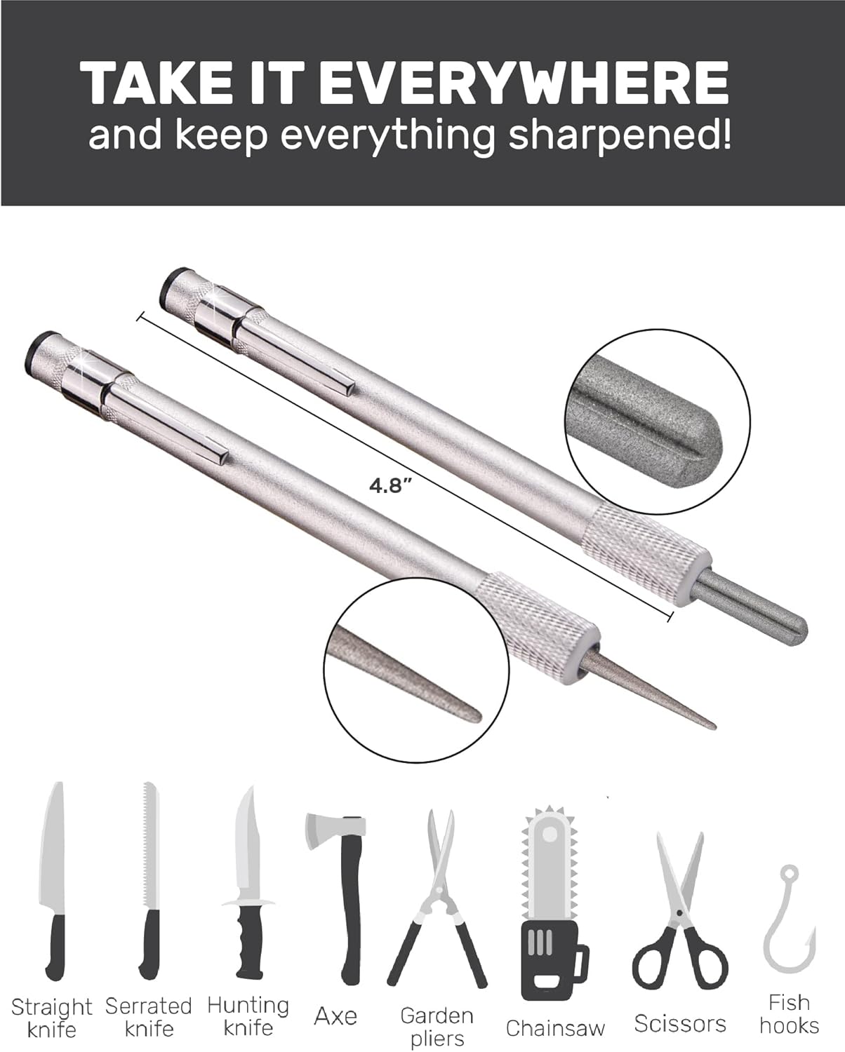Wamery Serrated Knife Sharpener 2 Pack - Retractable Diamond Rod Pocket Sharpener for Serrated & Straight Blades - Multifunctional Sharpening Tool for Outdoor Kitchen Fishing Hunting (Silver & Black)