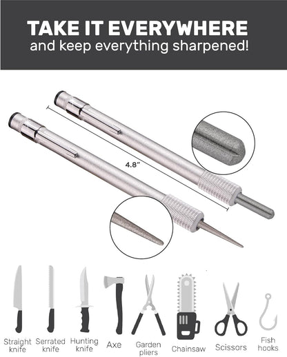 Wamery Serrated Knife Sharpener 2 Pack - Retractable Diamond Rod Pocket Sharpener for Serrated & Straight Blades - Multifunctional Sharpening Tool for Outdoor Kitchen Fishing Hunting (Silver & Black)