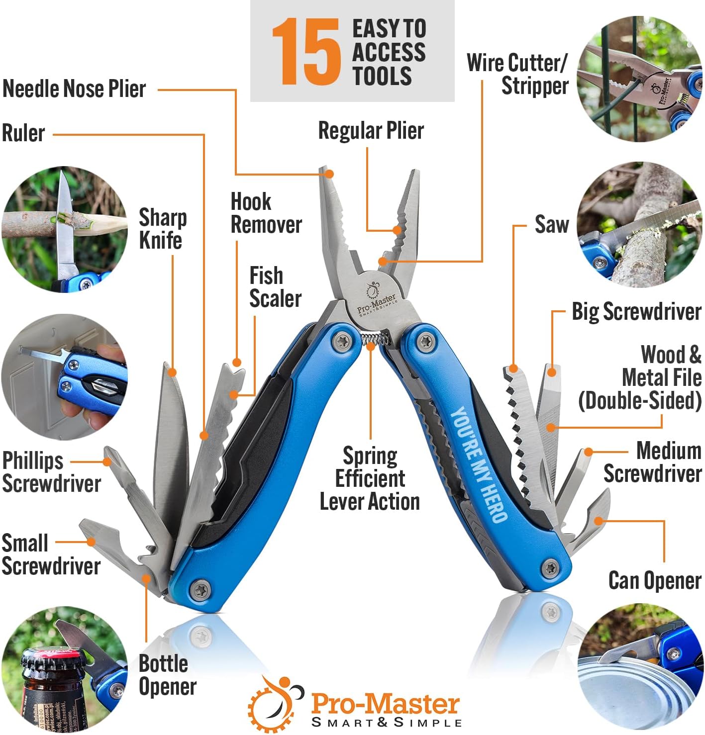 15-in-1 Multitool Pocket Knife, Multipurpose Stainless Steel All In One Tool for Camping Hiking Survival Travel Home - Portable Heavy Duty Folding Utility Multi Tool with Self-Locking