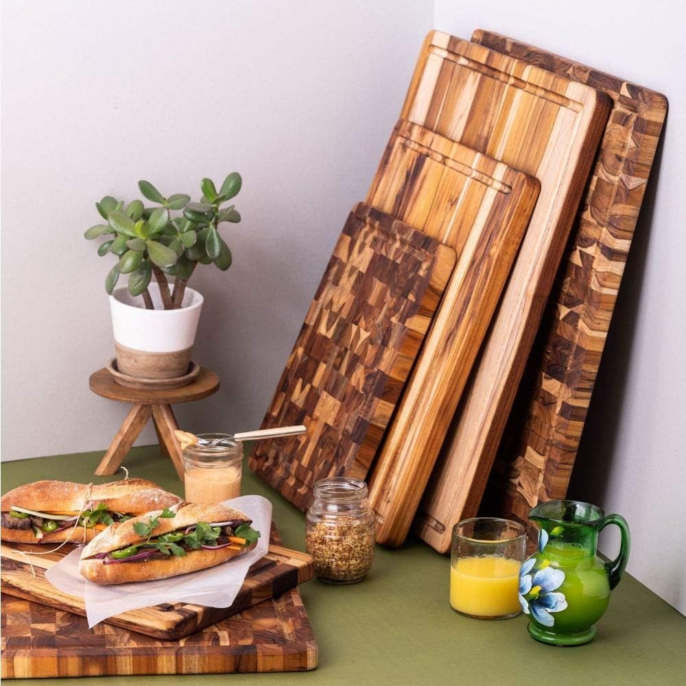 Teakhaus Carving Board with Juice Groove - Medium (M) Teak Wood Cutting Board 18”L x 14”W x 1” Thick - Lightweight, Sustainably Harvested & FSC Certified - Knife Friendly with Beeswax Oil Finish