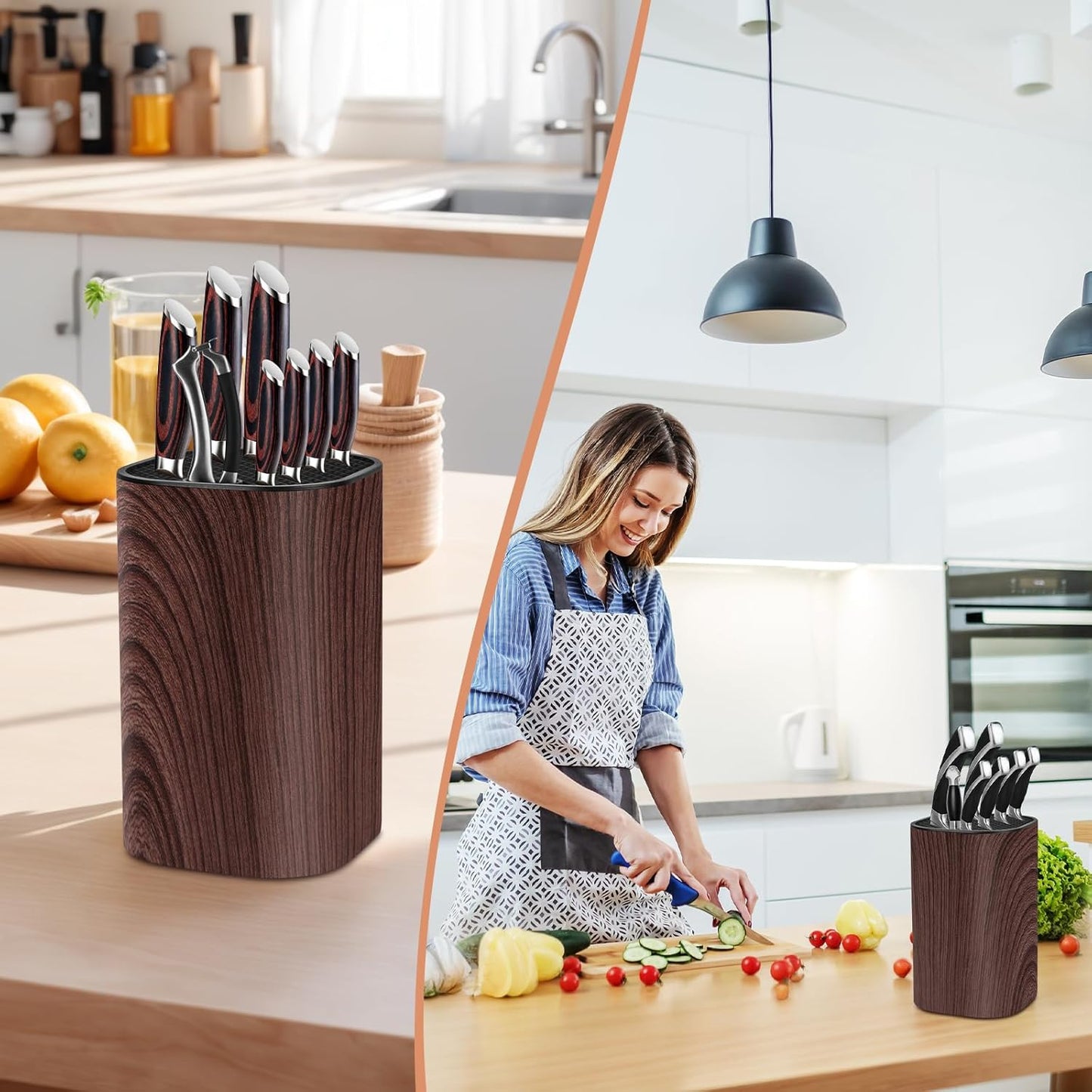 Ninonly Black Knife Block Without Knives 3 in 1 Universal Square Knife Holder Without Knives with Scissors Slot and Sharpening Rod Detachable Kitchen Knife Holder for Easy Cleaning Space Saver