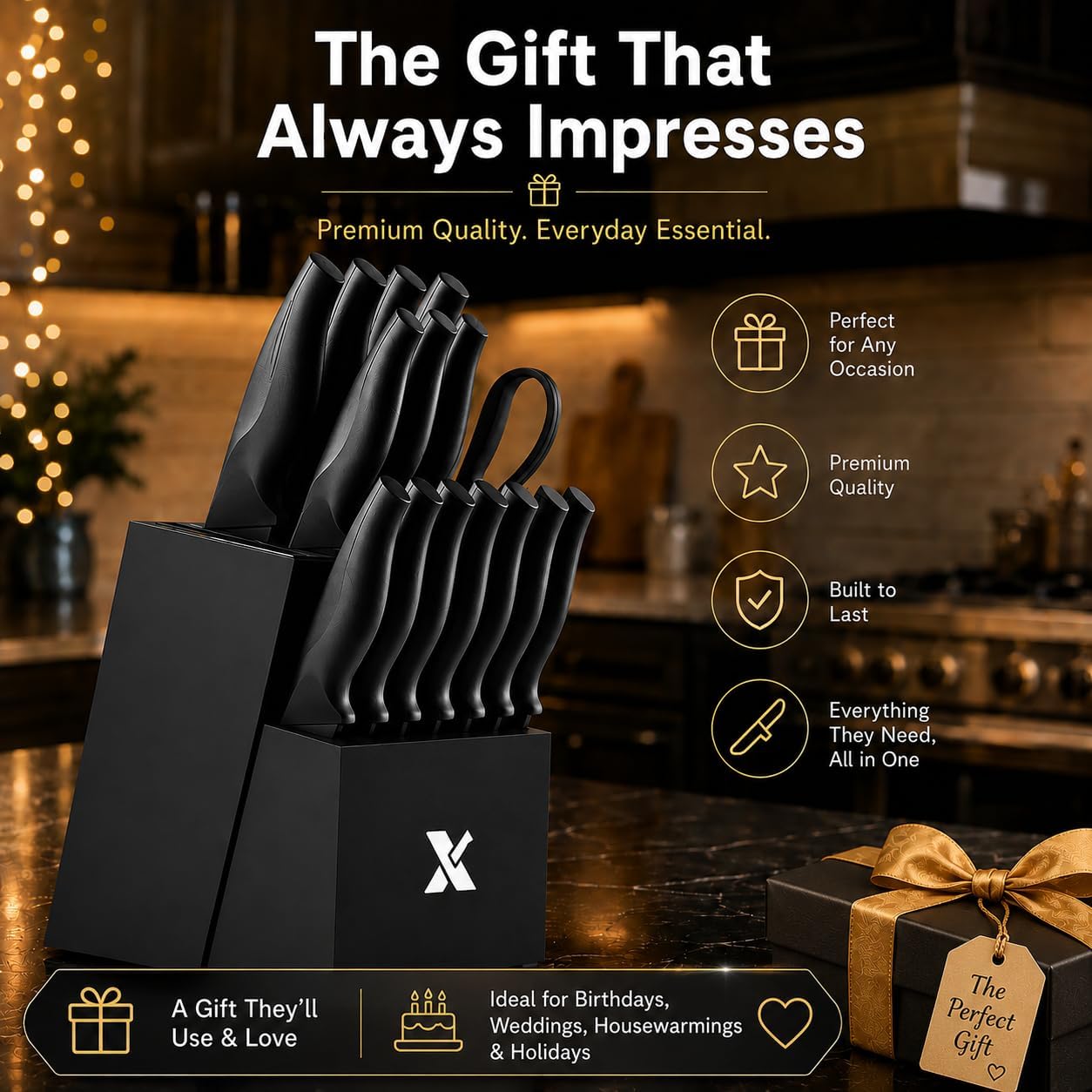 XANAPON 19-Piece Black Kitchen Knife Set with Block and Built-in Sharpener, High Carbon Stainless Steel Chef Knives Set for Kitchen with 8 Steak Knives, Ergonomic Handles, Perfect Housewarming Gift